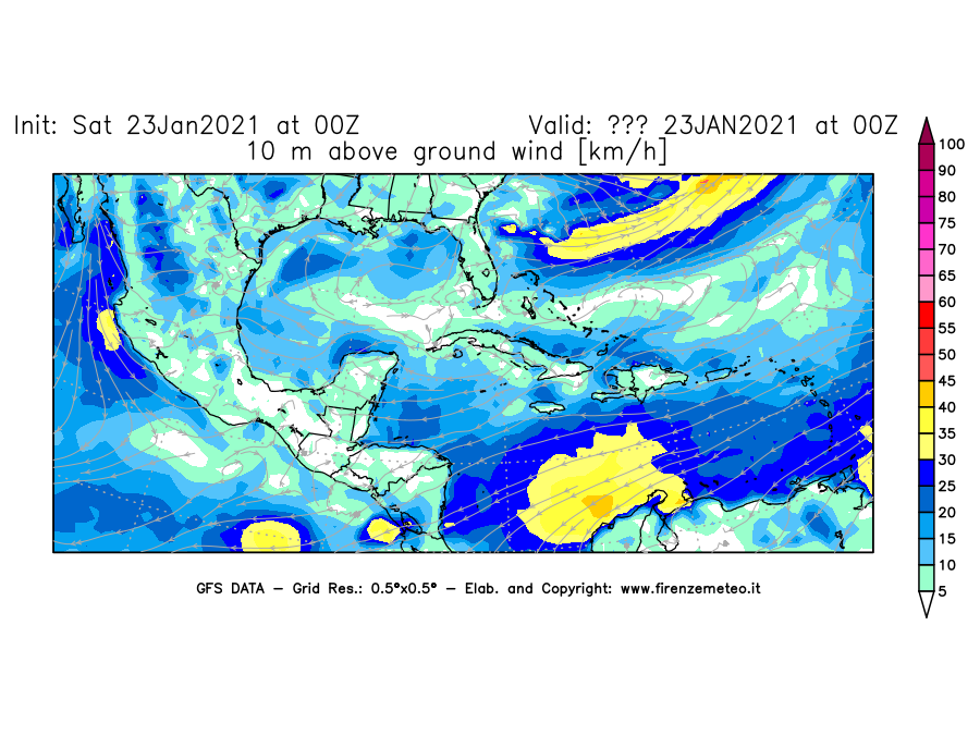 Mappa di analisi GFS - Velocità del vento a 10 metri dal suolo [km/h] in Centro-America
									del 23/01/2021 00 <!--googleoff: index-->UTC<!--googleon: index-->