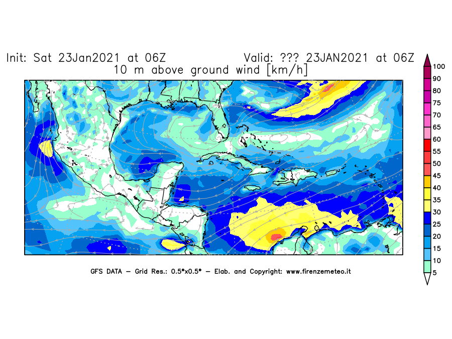 Mappa di analisi GFS - Velocità del vento a 10 metri dal suolo [km/h] in Centro-America
							del 23/01/2021 06 <!--googleoff: index-->UTC<!--googleon: index-->