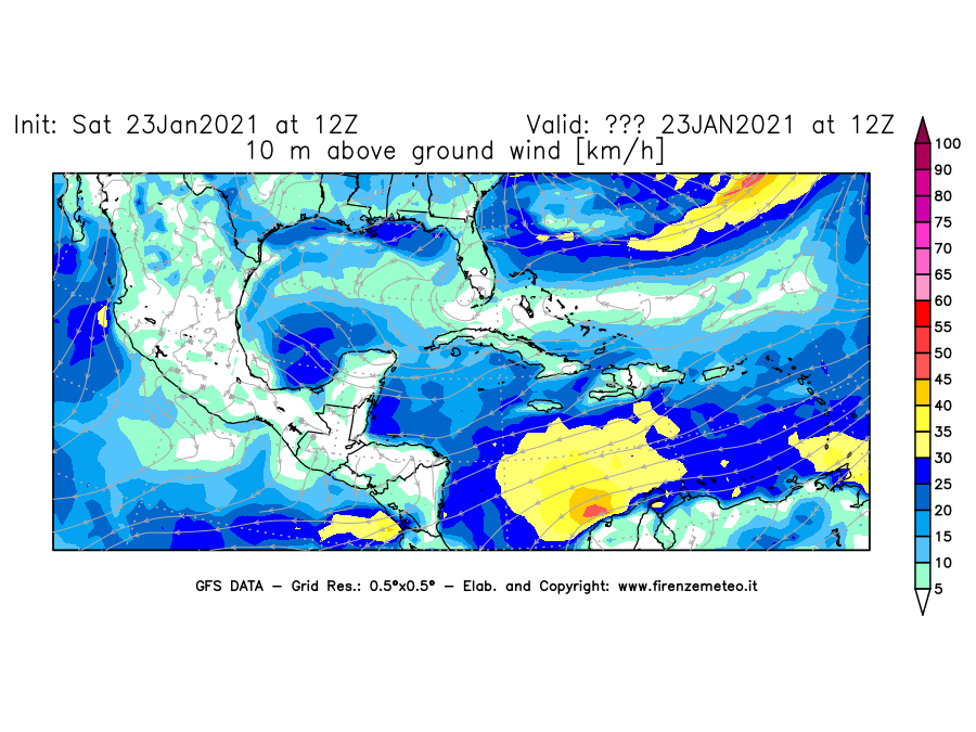 Mappa di analisi GFS - Velocità del vento a 10 metri dal suolo [km/h] in Centro-America
									del 23/01/2021 12 <!--googleoff: index-->UTC<!--googleon: index-->