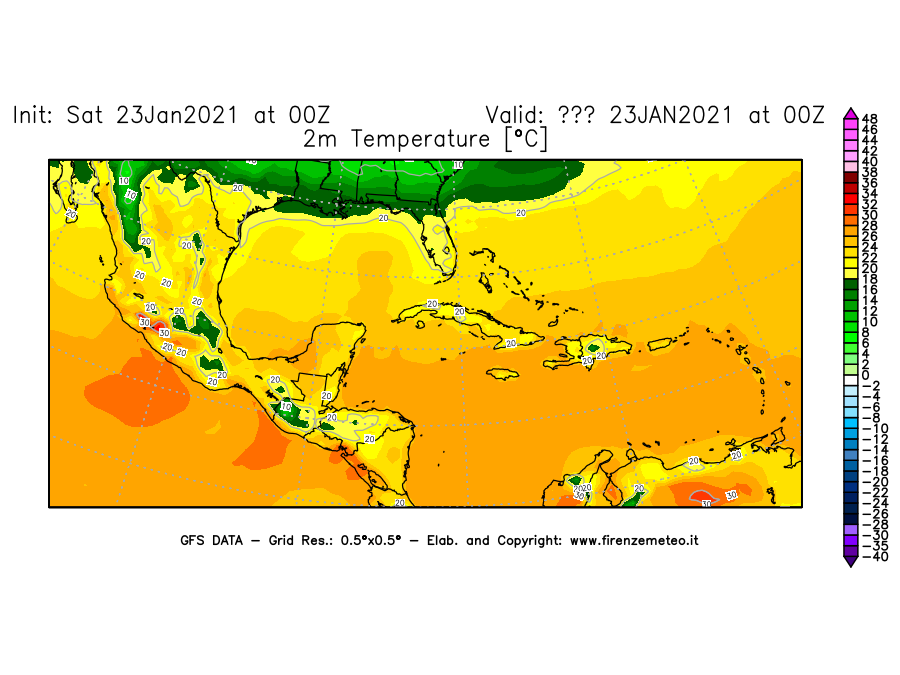 Mappa di analisi GFS - Temperatura a 2 metri dal suolo [°C] in Centro-America
							del 23/01/2021 00 <!--googleoff: index-->UTC<!--googleon: index-->