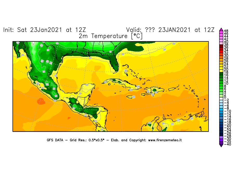Mappa di analisi GFS - Temperatura a 2 metri dal suolo [°C] in Centro-America
							del 23/01/2021 12 <!--googleoff: index-->UTC<!--googleon: index-->