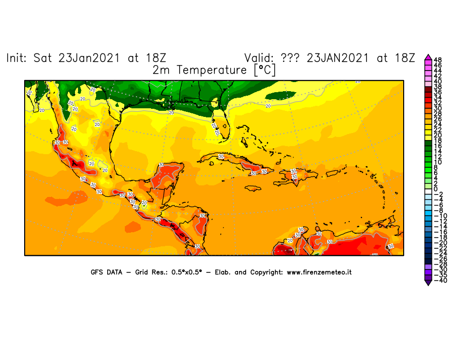 Mappa di analisi GFS - Temperatura a 2 metri dal suolo [°C] in Centro-America
							del 23/01/2021 18 <!--googleoff: index-->UTC<!--googleon: index-->