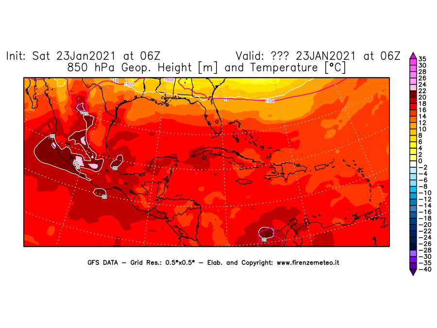 Mappa di analisi GFS - Geopotenziale [m] e Temperatura [°C] a 850 hPa in Centro-America
							del 23/01/2021 06 <!--googleoff: index-->UTC<!--googleon: index-->