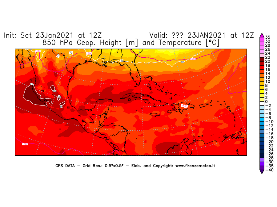 Mappa di analisi GFS - Geopotenziale [m] e Temperatura [°C] a 850 hPa in Centro-America
							del 23/01/2021 12 <!--googleoff: index-->UTC<!--googleon: index-->