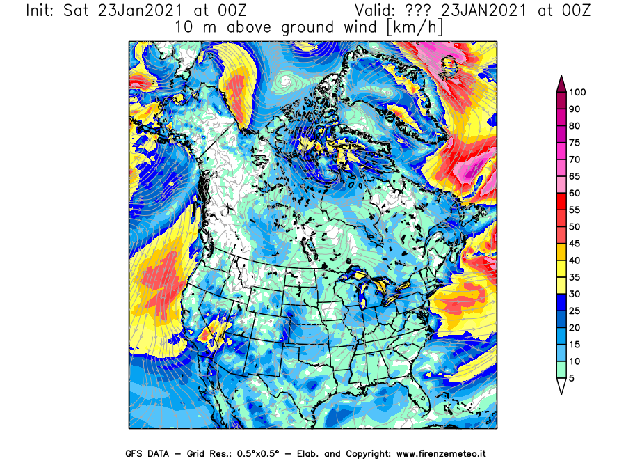 Mappa di analisi GFS - Velocità del vento a 10 metri dal suolo [km/h] in Nord-America
							del 23/01/2021 00 <!--googleoff: index-->UTC<!--googleon: index-->
