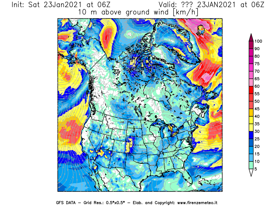 Mappa di analisi GFS - Velocità del vento a 10 metri dal suolo [km/h] in Nord-America
									del 23/01/2021 06 <!--googleoff: index-->UTC<!--googleon: index-->