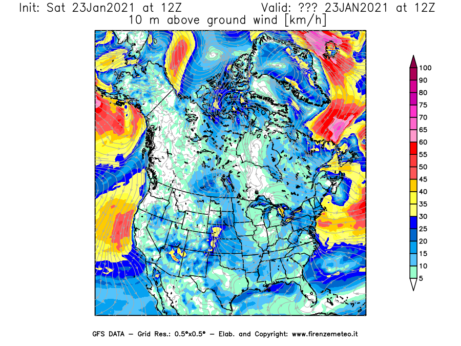 Mappa di analisi GFS - Velocità del vento a 10 metri dal suolo [km/h] in Nord-America
							del 23/01/2021 12 <!--googleoff: index-->UTC<!--googleon: index-->