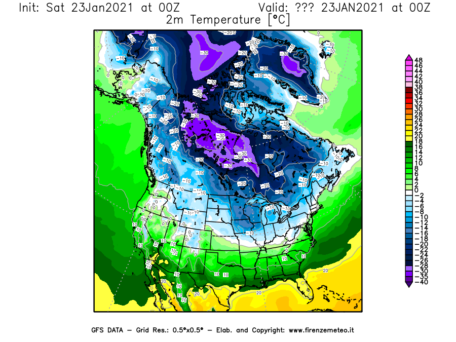 Mappa di analisi GFS - Temperatura a 2 metri dal suolo [°C] in Nord-America
							del 23/01/2021 00 <!--googleoff: index-->UTC<!--googleon: index-->
