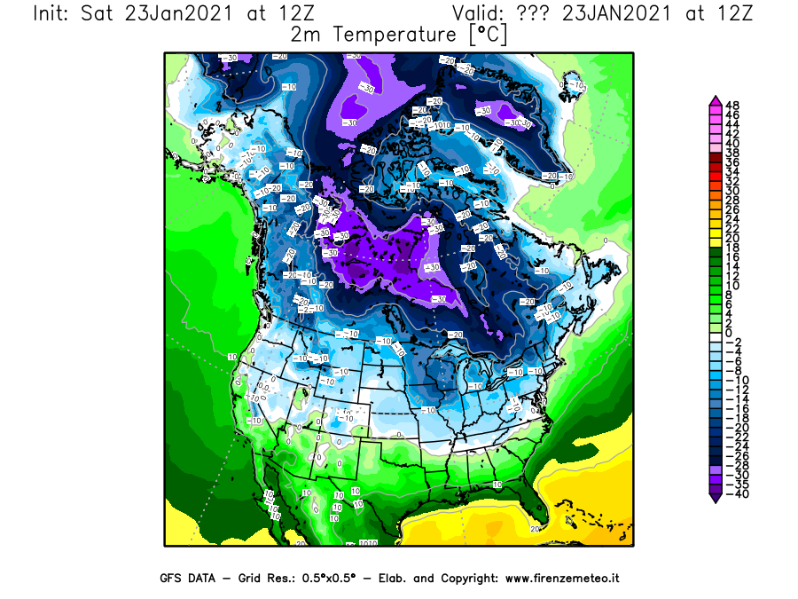 Mappa di analisi GFS - Temperatura a 2 metri dal suolo [°C] in Nord-America
									del 23/01/2021 12 <!--googleoff: index-->UTC<!--googleon: index-->