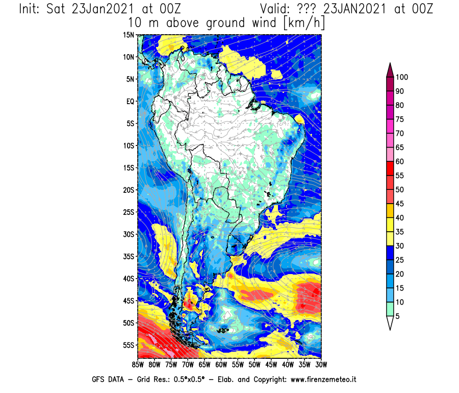 Mappa di analisi GFS - Velocità del vento a 10 metri dal suolo [km/h] in Sud-America
									del 23/01/2021 00 <!--googleoff: index-->UTC<!--googleon: index-->