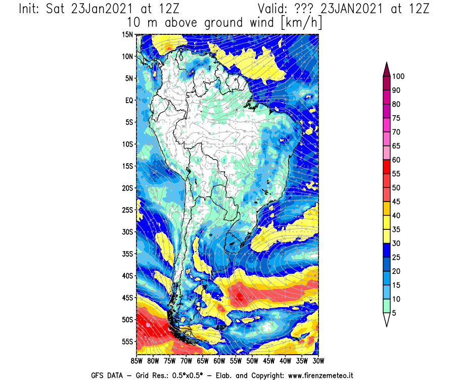 Mappa di analisi GFS - Velocità del vento a 10 metri dal suolo [km/h] in Sud-America
									del 23/01/2021 12 <!--googleoff: index-->UTC<!--googleon: index-->