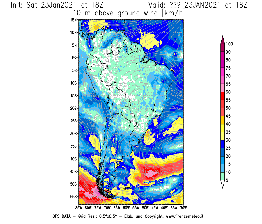 Mappa di analisi GFS - Velocità del vento a 10 metri dal suolo [km/h] in Sud-America
							del 23/01/2021 18 <!--googleoff: index-->UTC<!--googleon: index-->