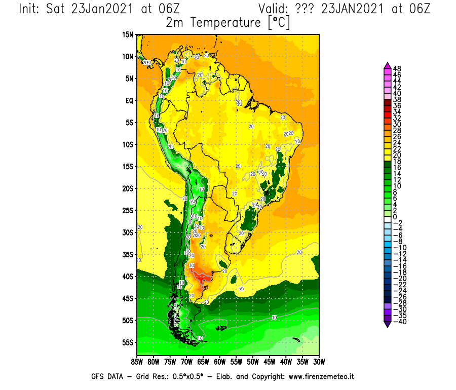 Mappa di analisi GFS - Temperatura a 2 metri dal suolo [°C] in Sud-America
									del 23/01/2021 06 <!--googleoff: index-->UTC<!--googleon: index-->