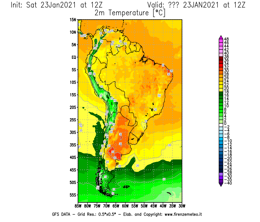 Mappa di analisi GFS - Temperatura a 2 metri dal suolo [°C] in Sud-America
							del 23/01/2021 12 <!--googleoff: index-->UTC<!--googleon: index-->