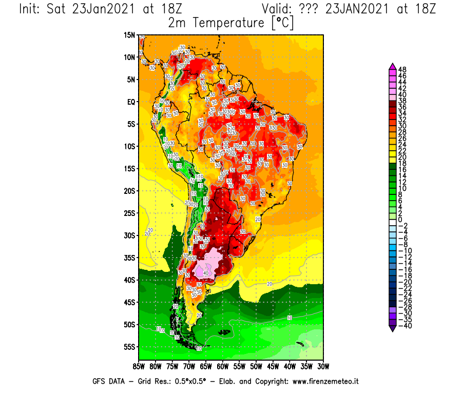 Mappa di analisi GFS - Temperatura a 2 metri dal suolo [°C] in Sud-America
									del 23/01/2021 18 <!--googleoff: index-->UTC<!--googleon: index-->