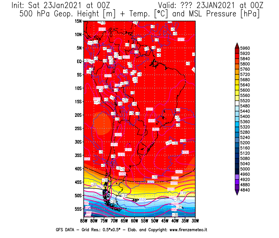 Mappa di analisi GFS - Geopotenziale [m] + Temp. [°C] a 500 hPa + Press. a livello del mare [hPa] in Sud-America
									del 23/01/2021 00 <!--googleoff: index-->UTC<!--googleon: index-->