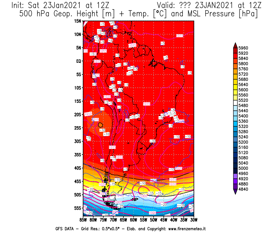 Mappa di analisi GFS - Geopotenziale [m] + Temp. [°C] a 500 hPa + Press. a livello del mare [hPa] in Sud-America
							del 23/01/2021 12 <!--googleoff: index-->UTC<!--googleon: index-->