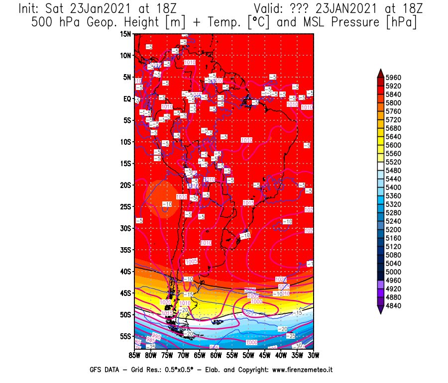Mappa di analisi GFS - Geopotenziale [m] + Temp. [°C] a 500 hPa + Press. a livello del mare [hPa] in Sud-America
							del 23/01/2021 18 <!--googleoff: index-->UTC<!--googleon: index-->