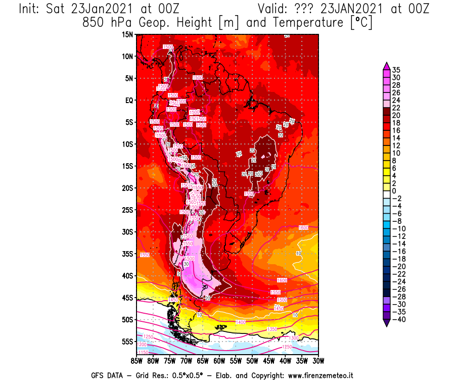 Mappa di analisi GFS - Geopotenziale [m] e Temperatura [°C] a 850 hPa in Sud-America
							del 23/01/2021 00 <!--googleoff: index-->UTC<!--googleon: index-->