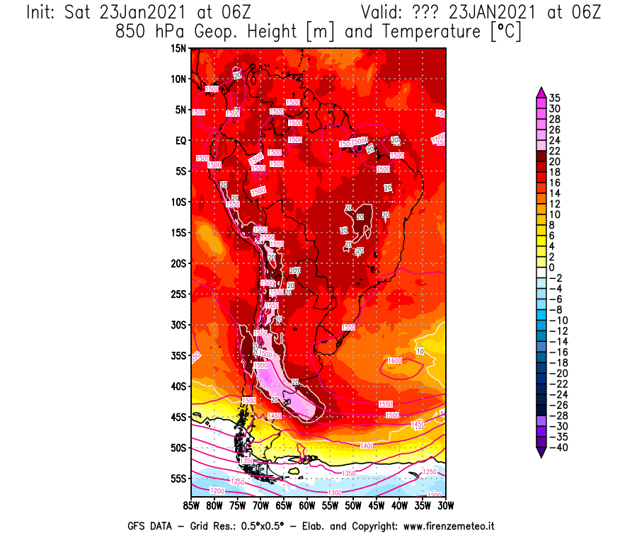 Mappa di analisi GFS - Geopotenziale [m] e Temperatura [°C] a 850 hPa in Sud-America
									del 23/01/2021 06 <!--googleoff: index-->UTC<!--googleon: index-->