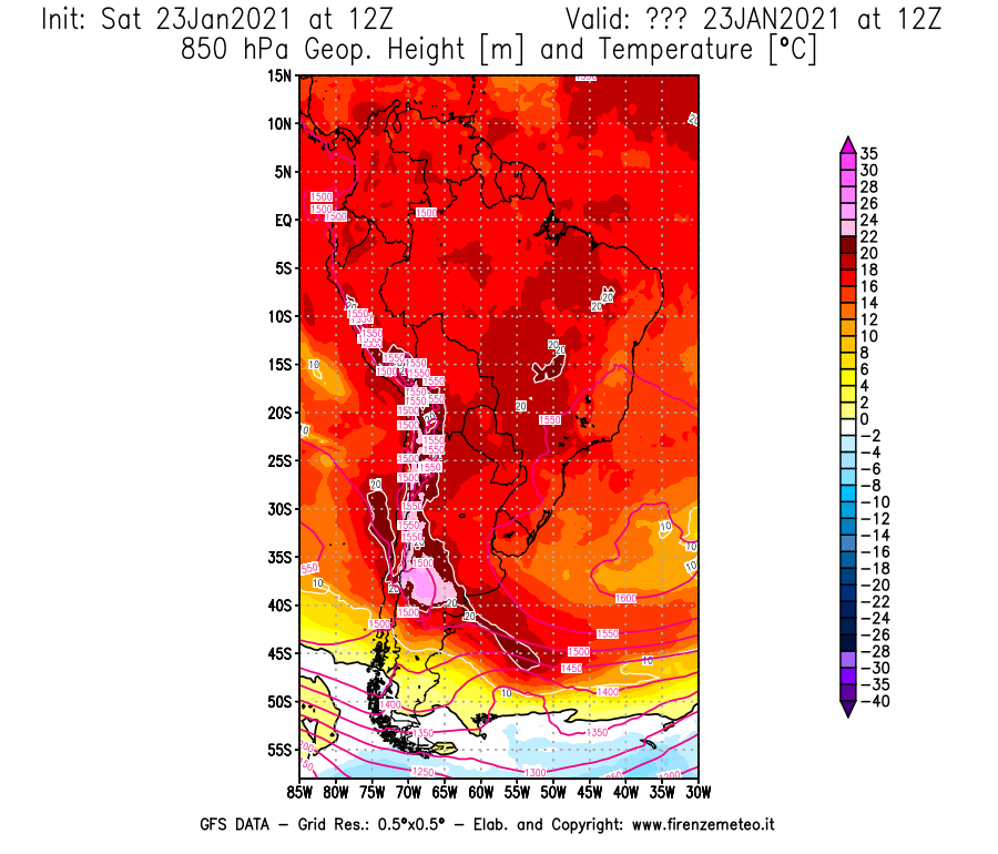 Mappa di analisi GFS - Geopotenziale [m] e Temperatura [°C] a 850 hPa in Sud-America
							del 23/01/2021 12 <!--googleoff: index-->UTC<!--googleon: index-->