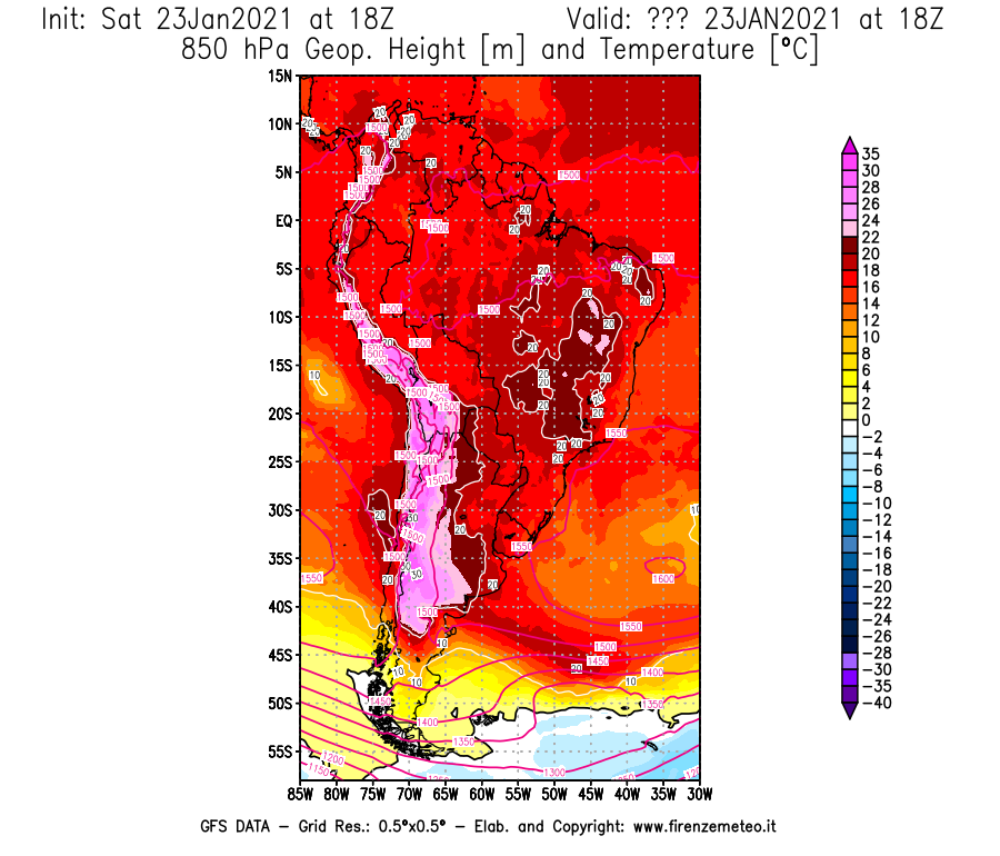 Mappa di analisi GFS - Geopotenziale [m] e Temperatura [°C] a 850 hPa in Sud-America
							del 23/01/2021 18 <!--googleoff: index-->UTC<!--googleon: index-->