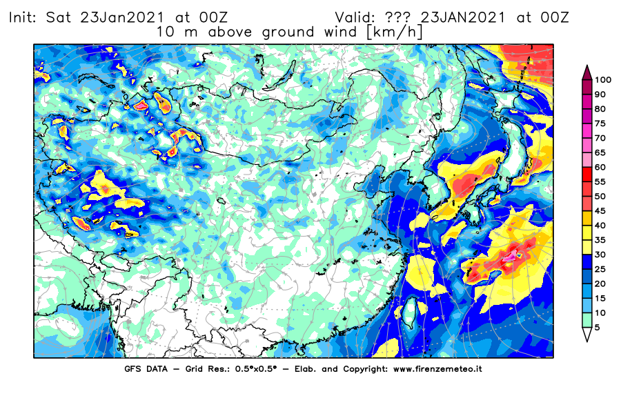 Mappa di analisi GFS - Velocità del vento a 10 metri dal suolo [km/h] in Asia Orientale
									del 23/01/2021 00 <!--googleoff: index-->UTC<!--googleon: index-->