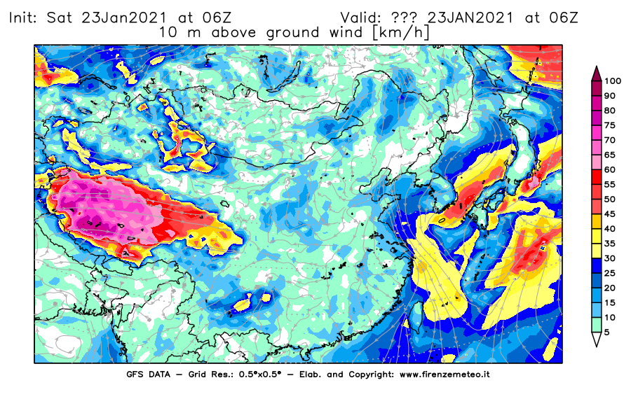 Mappa di analisi GFS - Velocità del vento a 10 metri dal suolo [km/h] in Asia Orientale
									del 23/01/2021 06 <!--googleoff: index-->UTC<!--googleon: index-->
