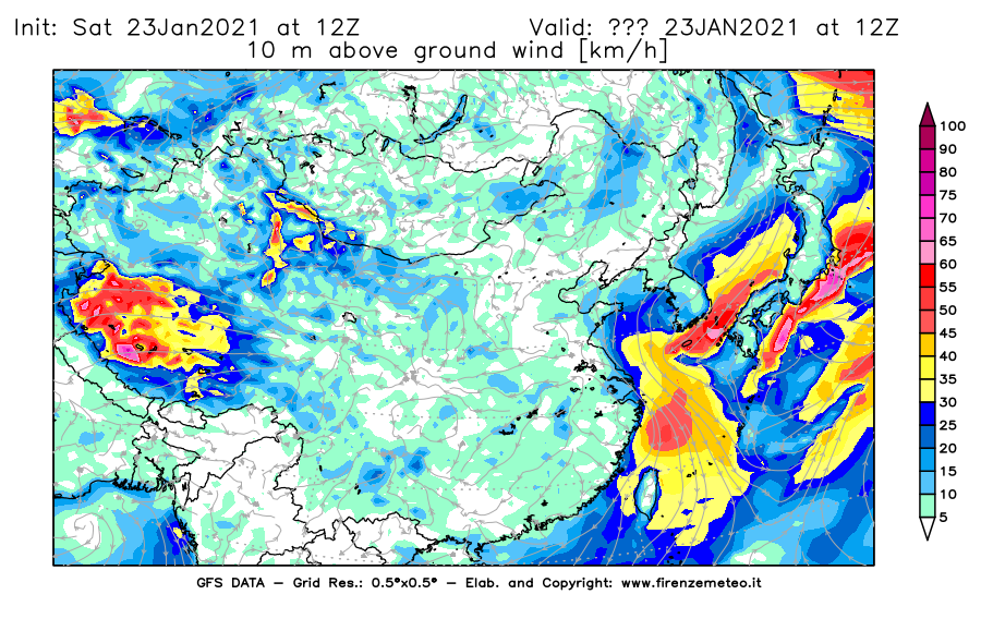 Mappa di analisi GFS - Velocità del vento a 10 metri dal suolo [km/h] in Asia Orientale
									del 23/01/2021 12 <!--googleoff: index-->UTC<!--googleon: index-->