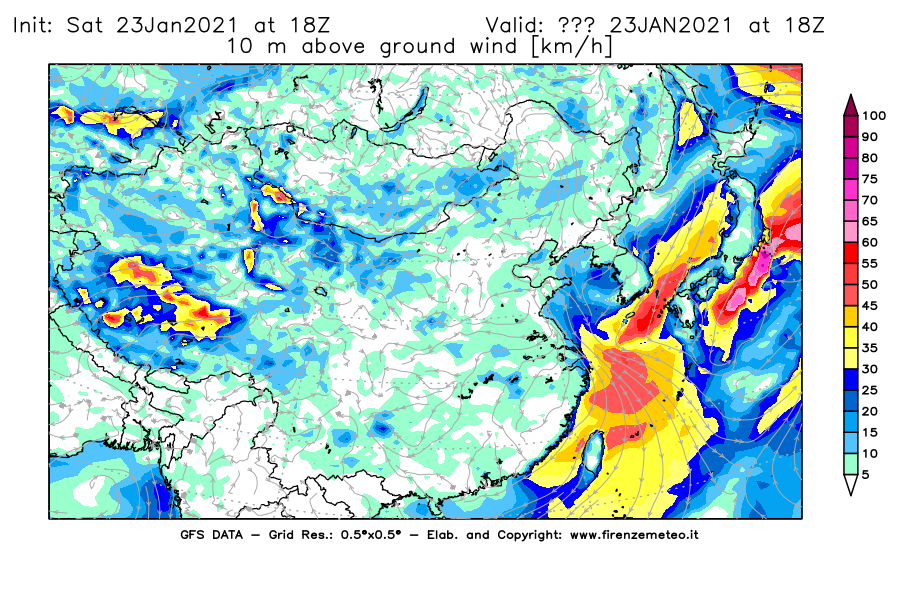 Mappa di analisi GFS - Velocità del vento a 10 metri dal suolo [km/h] in Asia Orientale
									del 23/01/2021 18 <!--googleoff: index-->UTC<!--googleon: index-->