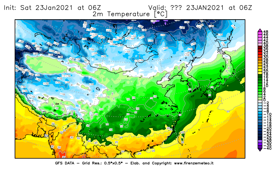 Mappa di analisi GFS - Temperatura a 2 metri dal suolo [°C] in Asia Orientale
									del 23/01/2021 06 <!--googleoff: index-->UTC<!--googleon: index-->