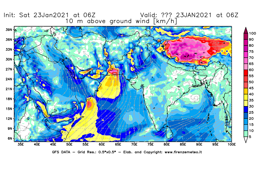 Mappa di analisi GFS - Velocità del vento a 10 metri dal suolo [km/h] in Asia Sud-Occidentale
							del 23/01/2021 06 <!--googleoff: index-->UTC<!--googleon: index-->