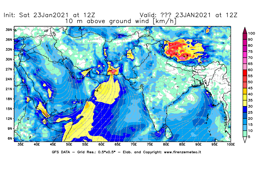 Mappa di analisi GFS - Velocità del vento a 10 metri dal suolo [km/h] in Asia Sud-Occidentale
									del 23/01/2021 12 <!--googleoff: index-->UTC<!--googleon: index-->