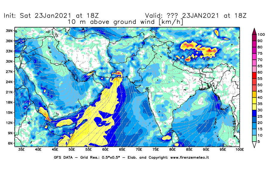 Mappa di analisi GFS - Velocità del vento a 10 metri dal suolo [km/h] in Asia Sud-Occidentale
									del 23/01/2021 18 <!--googleoff: index-->UTC<!--googleon: index-->