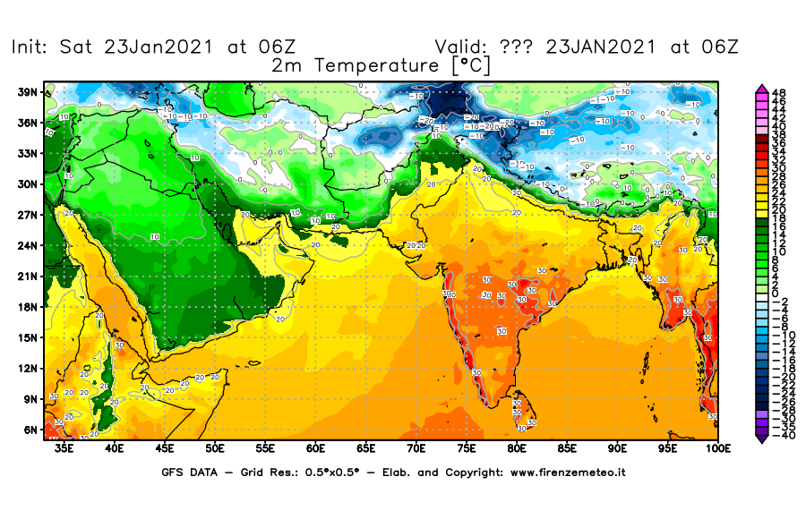 Mappa di analisi GFS - Temperatura a 2 metri dal suolo [°C] in Asia Sud-Occidentale
									del 23/01/2021 06 <!--googleoff: index-->UTC<!--googleon: index-->