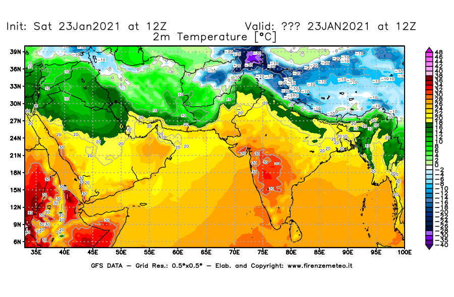 Mappa di analisi GFS - Temperatura a 2 metri dal suolo [°C] in Asia Sud-Occidentale
							del 23/01/2021 12 <!--googleoff: index-->UTC<!--googleon: index-->