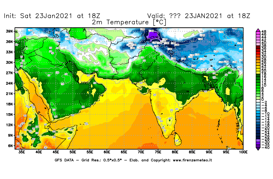 Mappa di analisi GFS - Temperatura a 2 metri dal suolo [°C] in Asia Sud-Occidentale
									del 23/01/2021 18 <!--googleoff: index-->UTC<!--googleon: index-->
