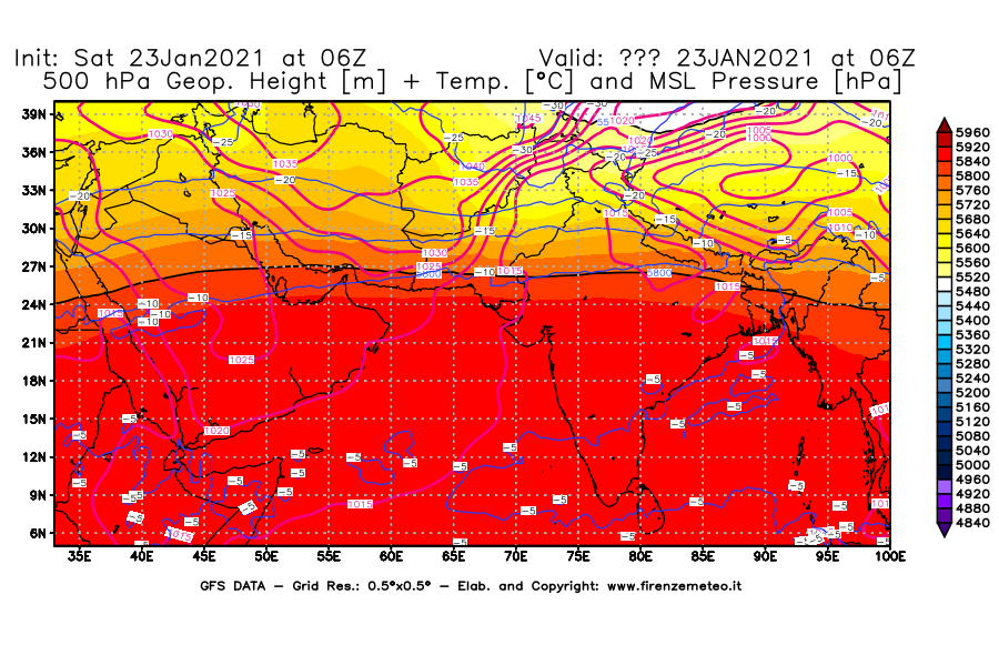 Mappa di analisi GFS - Geopotenziale [m] + Temp. [°C] a 500 hPa + Press. a livello del mare [hPa] in Asia Sud-Occidentale
									del 23/01/2021 06 <!--googleoff: index-->UTC<!--googleon: index-->