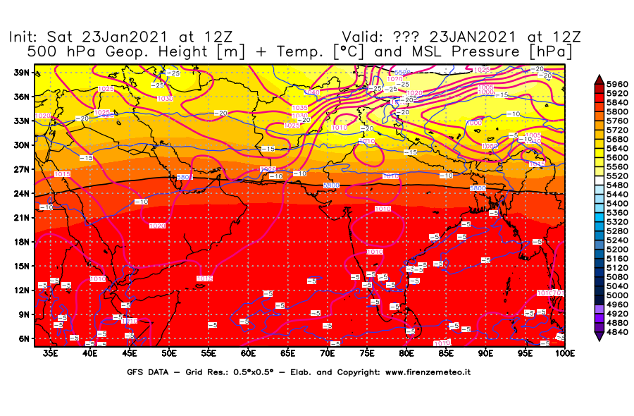 Mappa di analisi GFS - Geopotenziale [m] + Temp. [°C] a 500 hPa + Press. a livello del mare [hPa] in Asia Sud-Occidentale
							del 23/01/2021 12 <!--googleoff: index-->UTC<!--googleon: index-->