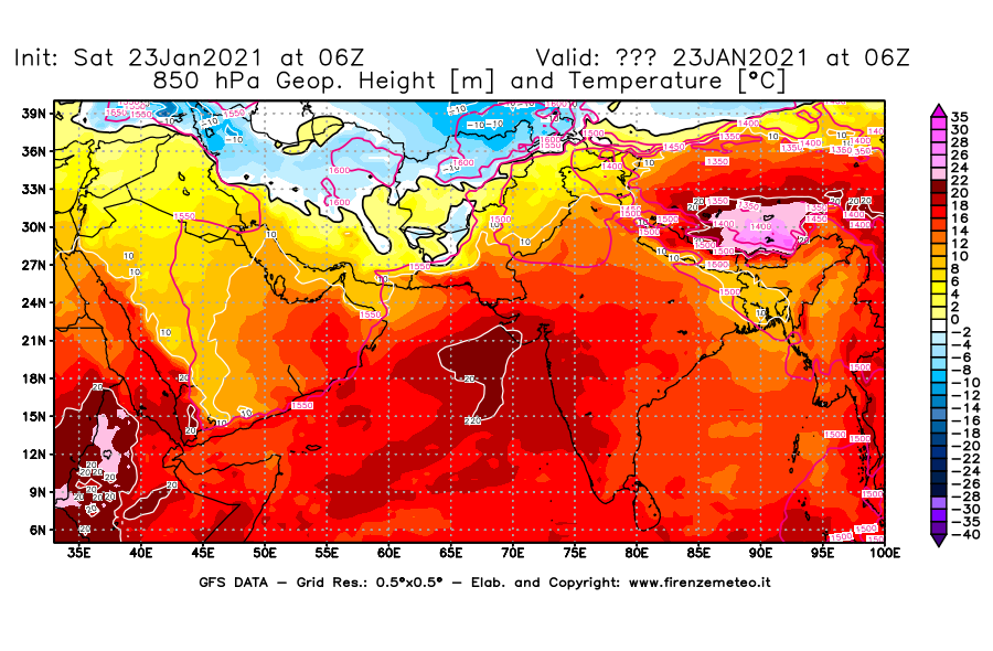 Mappa di analisi GFS - Geopotenziale [m] e Temperatura [°C] a 850 hPa in Asia Sud-Occidentale
							del 23/01/2021 06 <!--googleoff: index-->UTC<!--googleon: index-->