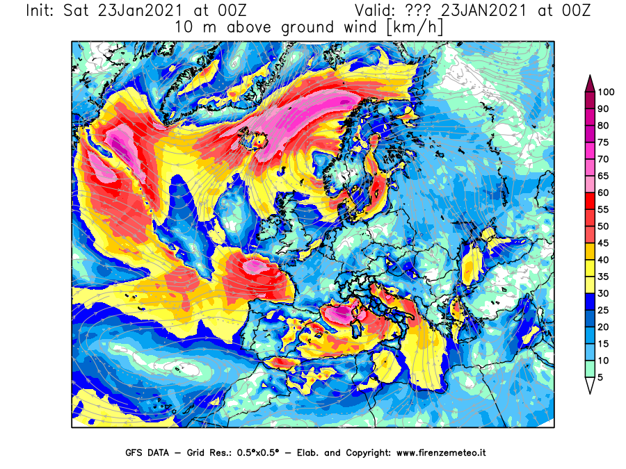 Mappa di analisi GFS - Velocità del vento a 10 metri dal suolo [km/h] in Europa
									del 23/01/2021 00 <!--googleoff: index-->UTC<!--googleon: index-->