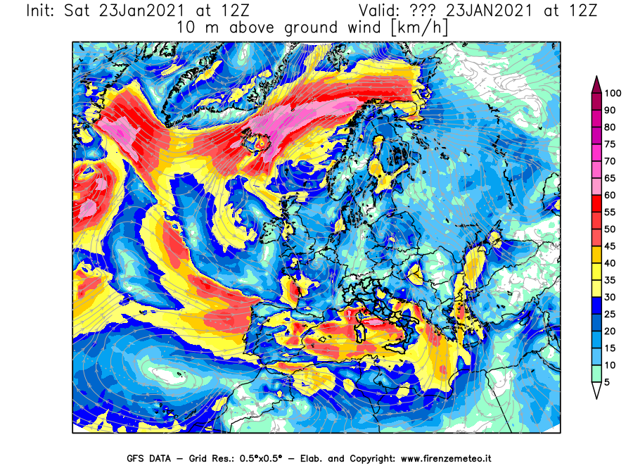 Mappa di analisi GFS - Velocità del vento a 10 metri dal suolo [km/h] in Europa
									del 23/01/2021 12 <!--googleoff: index-->UTC<!--googleon: index-->