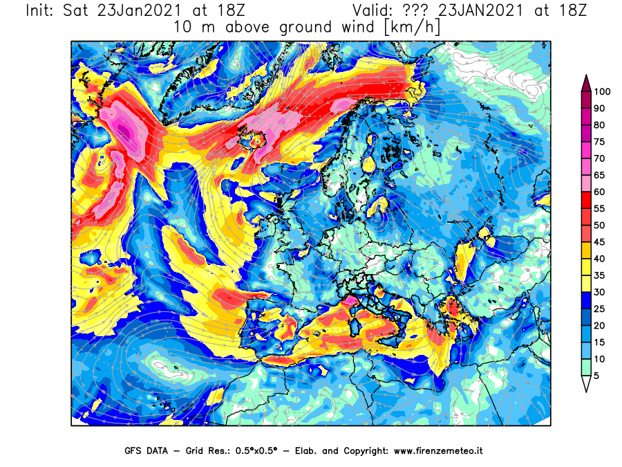 Mappa di analisi GFS - Velocità del vento a 10 metri dal suolo [km/h] in Europa
									del 23/01/2021 18 <!--googleoff: index-->UTC<!--googleon: index-->