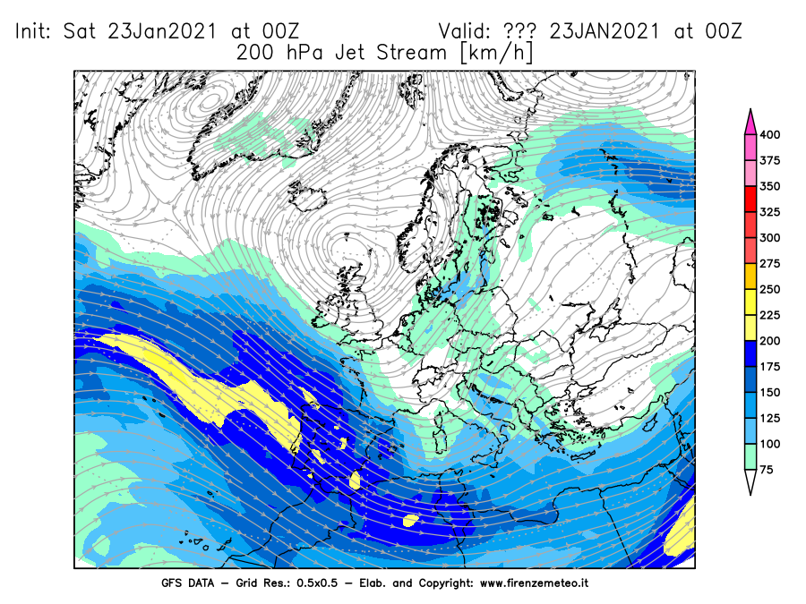 Mappa di analisi GFS - Jet Stream a 200 hPa in Europa
									del 23/01/2021 00 <!--googleoff: index-->UTC<!--googleon: index-->