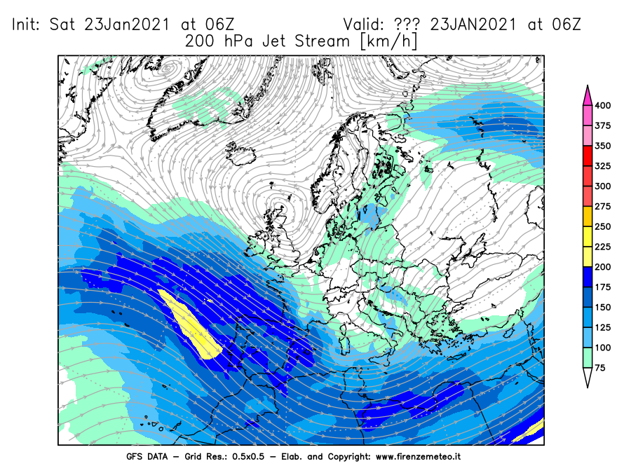 Mappa di analisi GFS - Jet Stream a 200 hPa in Europa
									del 23/01/2021 06 <!--googleoff: index-->UTC<!--googleon: index-->