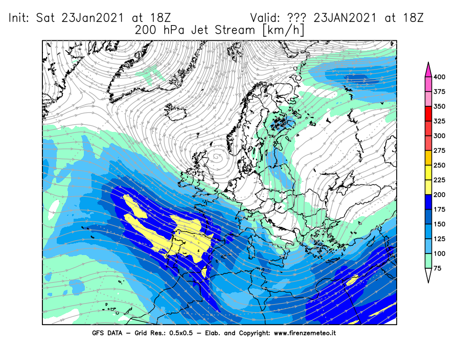 Mappa di analisi GFS - Jet Stream a 200 hPa in Europa
									del 23/01/2021 18 <!--googleoff: index-->UTC<!--googleon: index-->