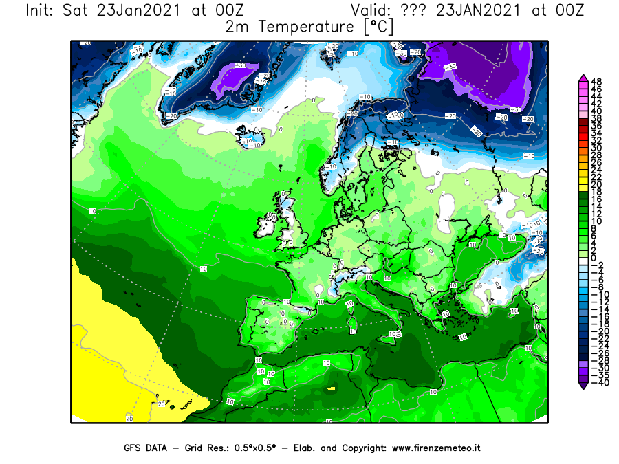Mappa di analisi GFS - Temperatura a 2 metri dal suolo [°C] in Europa
									del 23/01/2021 00 <!--googleoff: index-->UTC<!--googleon: index-->