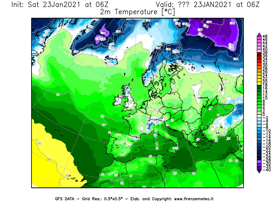 Mappa di analisi GFS - Temperatura a 2 metri dal suolo [°C] in Europa
									del 23/01/2021 06 <!--googleoff: index-->UTC<!--googleon: index-->