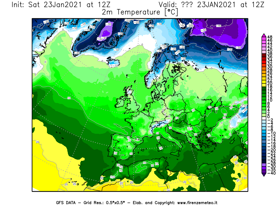Mappa di analisi GFS - Temperatura a 2 metri dal suolo [°C] in Europa
									del 23/01/2021 12 <!--googleoff: index-->UTC<!--googleon: index-->