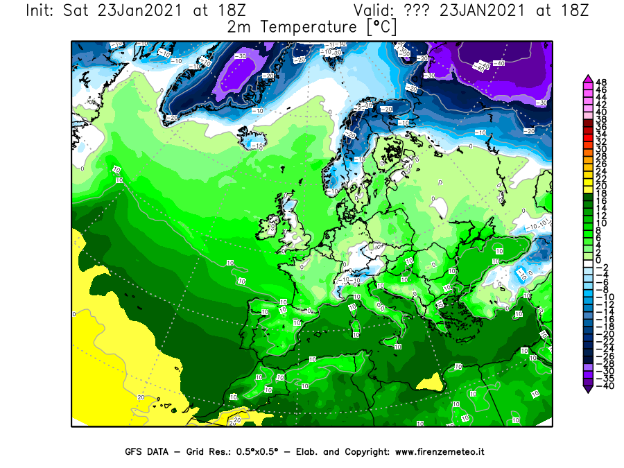 Mappa di analisi GFS - Temperatura a 2 metri dal suolo [°C] in Europa
							del 23/01/2021 18 <!--googleoff: index-->UTC<!--googleon: index-->